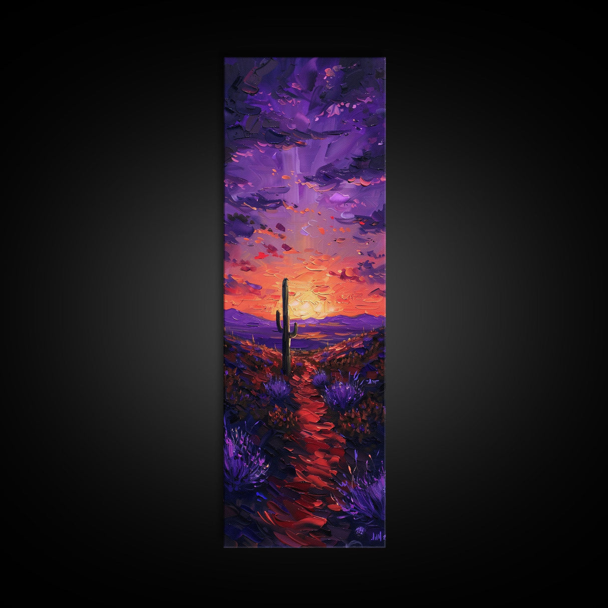 Colorful Sunset Over a Desert Landscape with a Saguaro Cactus and Dramatic Sky on a Framed Canvas Print Skinny Art Piece