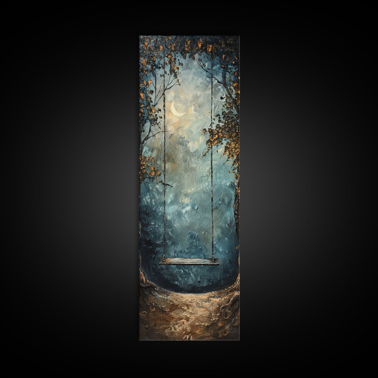Tree Swing At Midnight Framed Canvas Print, Secret Garden, Dark Academia, Whimsical Minimalist Wall Art, Night Time Under a Crescent Moon