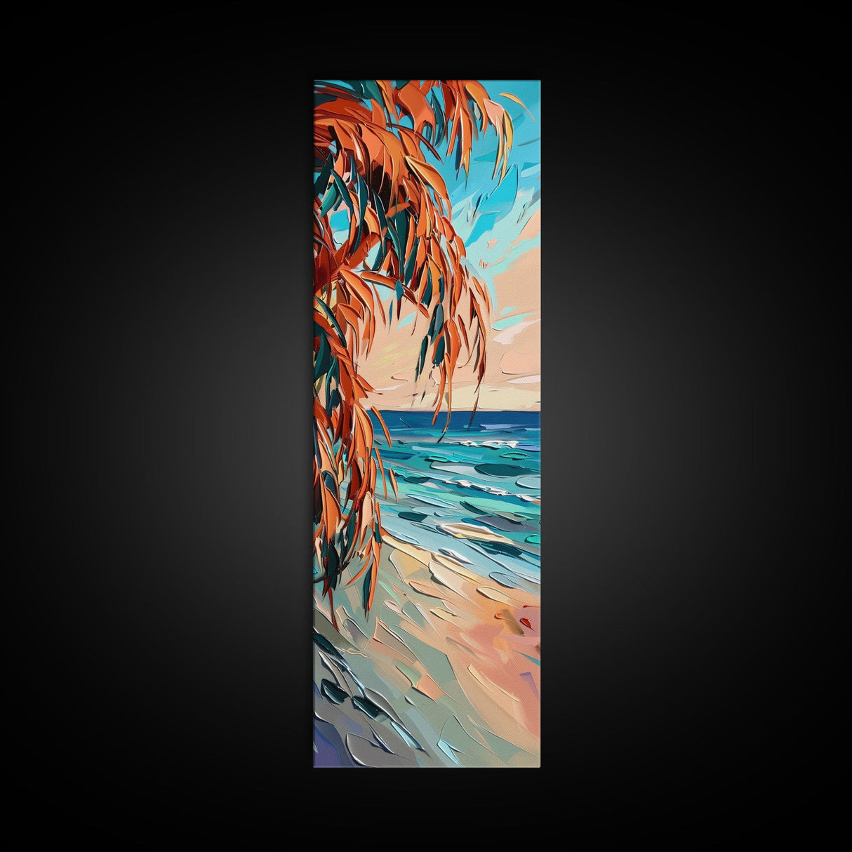 Expressive Coastal Shoreline Landscape in Blue and Orange, Abstract Painting on Framed Canvas Print, Perfect for Beach-Themed Wall Art