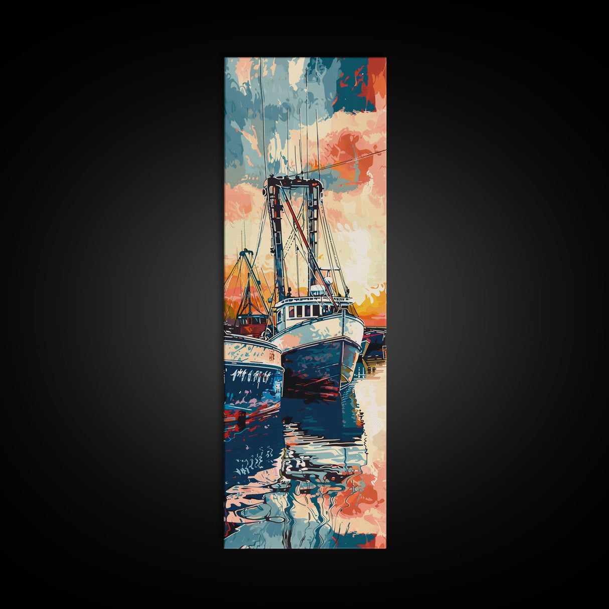 Majestic Fishing Boats Resting in a Vibrant Sunset Harbor - Skinny Art, Japanese Wall Decor, Framed Canvas Print, Ukiyo-e Style