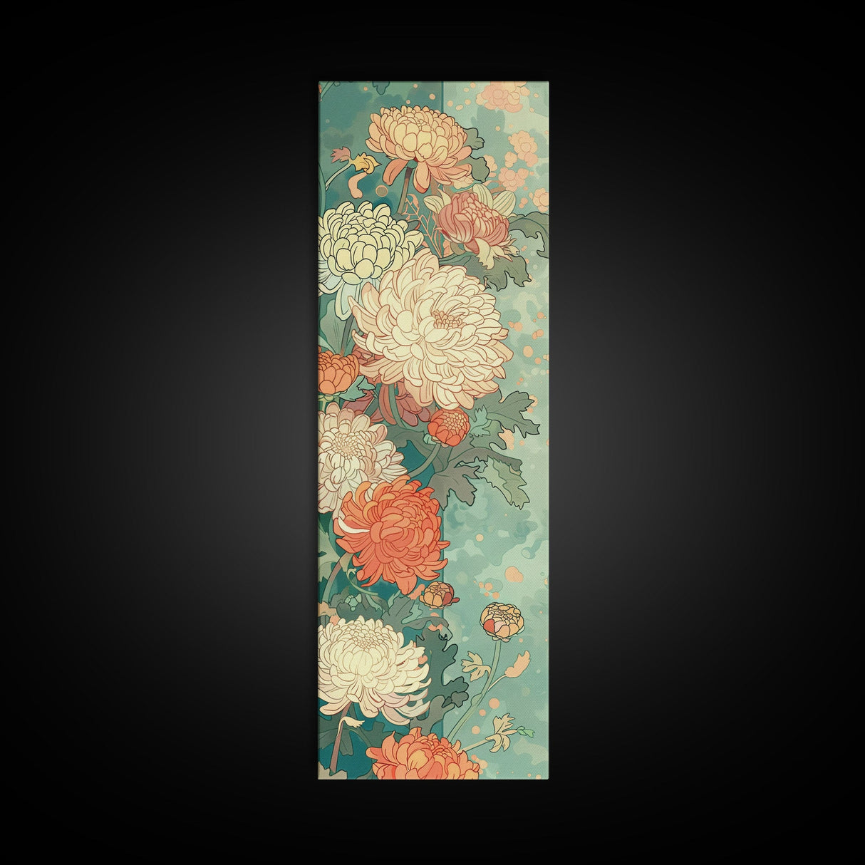Skinny Art of Chrysanthemums in Soft Pastels with Intricate Petal Design on Framed Canvas Print