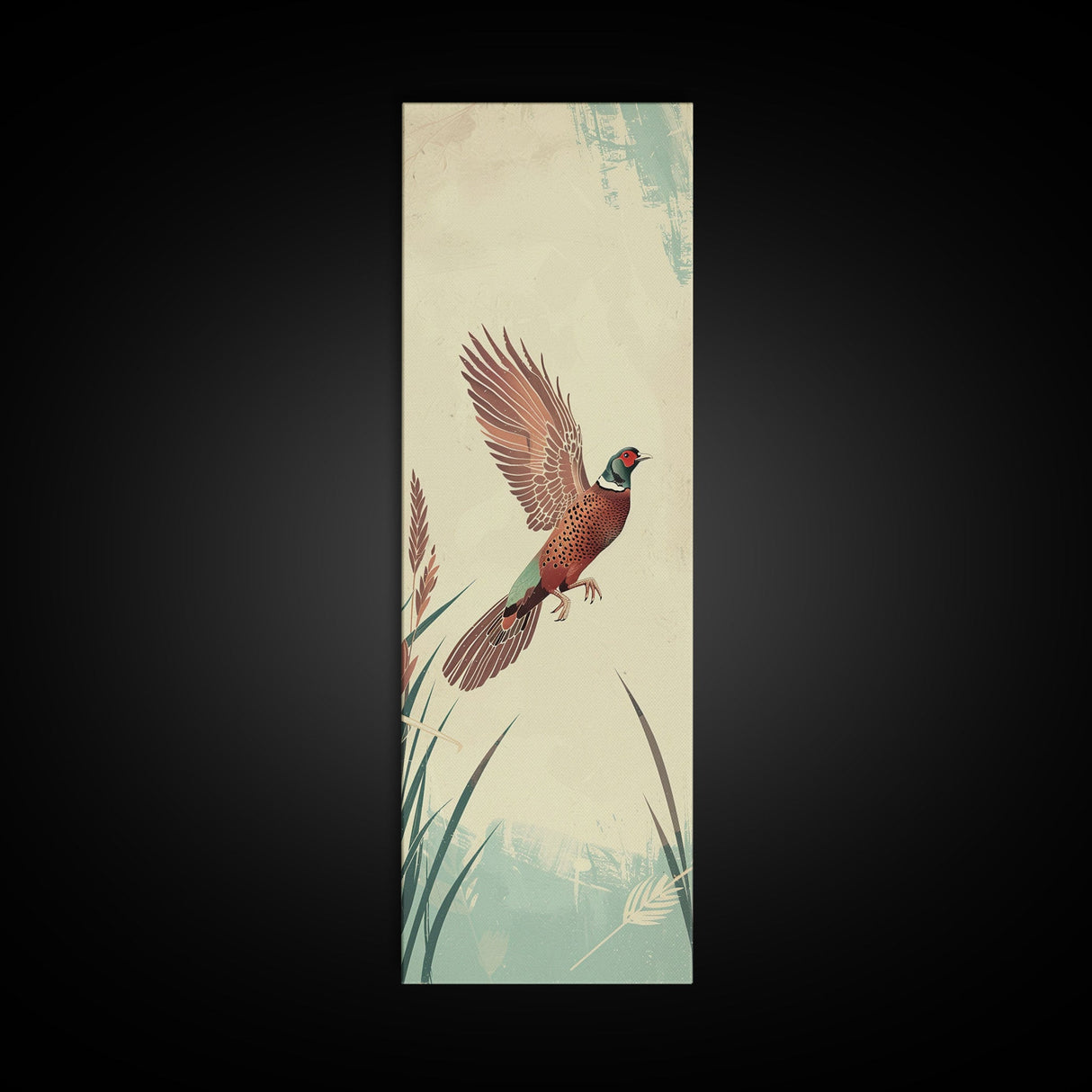 Japanese Skinny Art of Pheasant in Flight with Graceful Wings and Earthy Tones – Framed Canvas Print