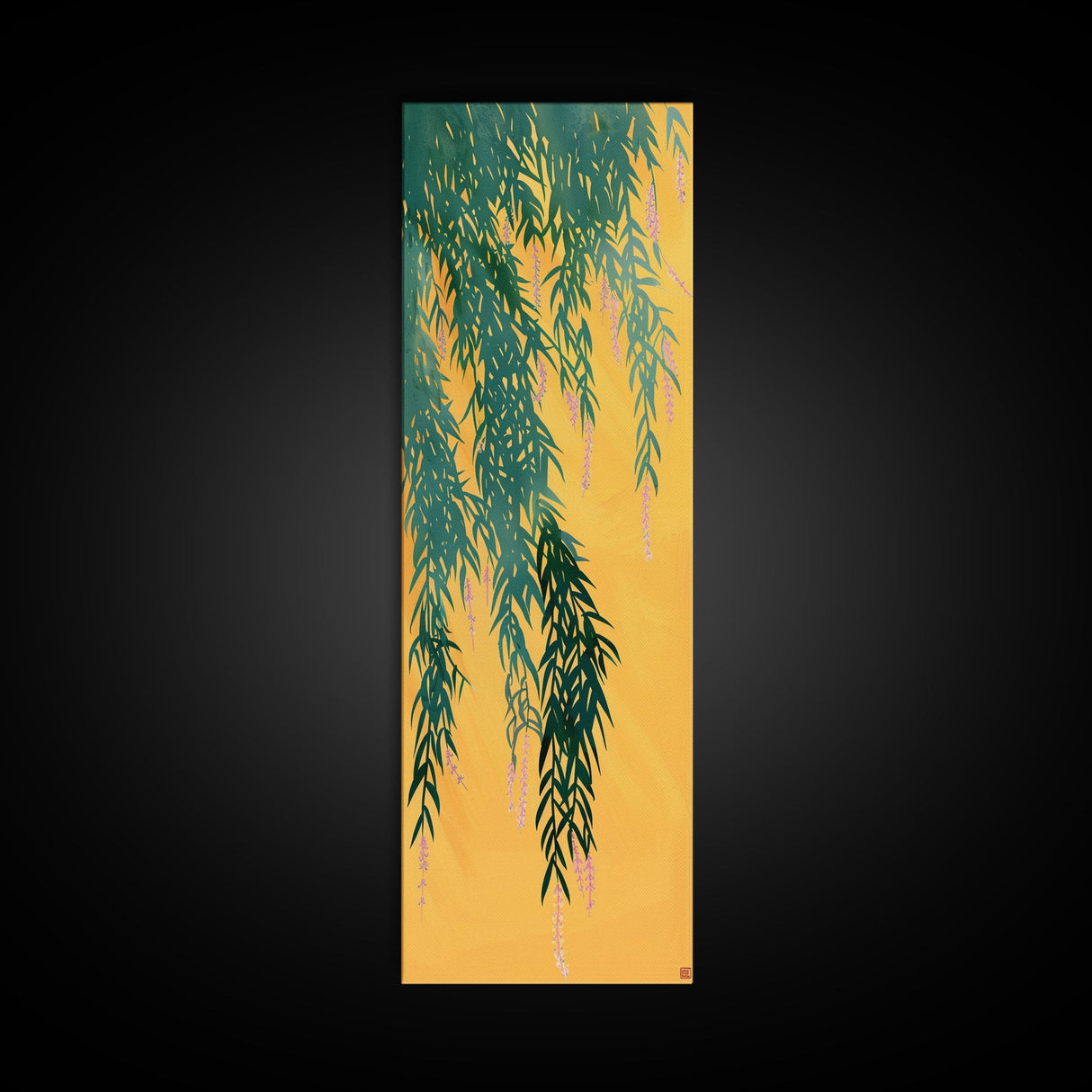 Japanese Skinny Art of Wisteria Hanging Over a Golden Background – Framed Canvas Print