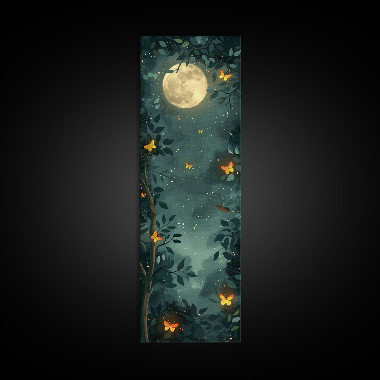 Full Moon And Butterflies In A Night Forest Japanese Style Framed Canvas Print, Wall Art Ready To Hang For Your Home
