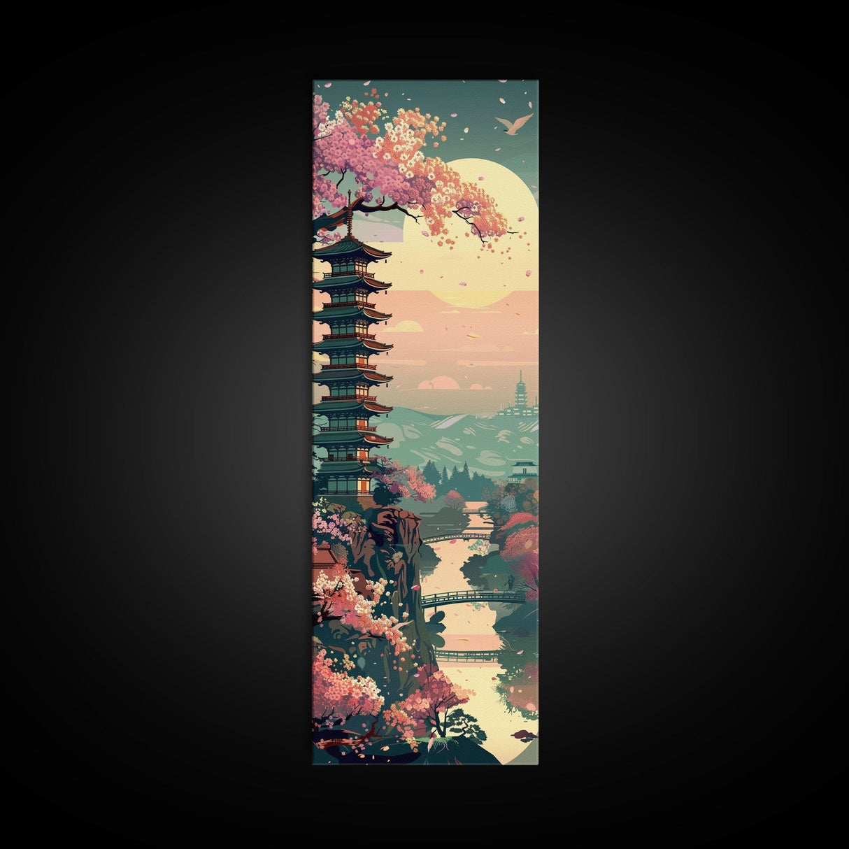 Japanese Pagoda Among Sakura Trees Under Yellow Moon Tall Art Skinny Art Framed Canvas Print Japanese Style Art Ukiyo-e Wood Block Print