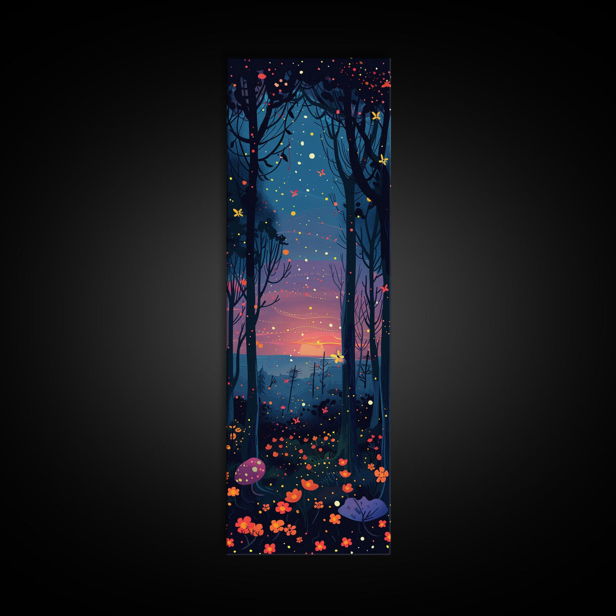 Majestic Nightfall Amidst Illuminated Trees Skinny Art Tall Art Framed Canvas Print Japanese Style Art Ukiyo-e Art Wood Block Print Tranquil Decorative