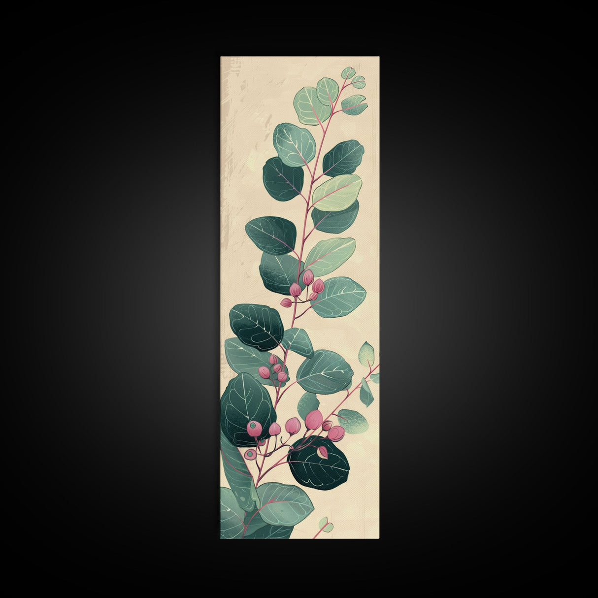 Delicate Green Leaves And Pink Buds On A Branch Against A Textured Background, Skinny Art Tall Wall Art Framed Canvas Print Japanese Style Art