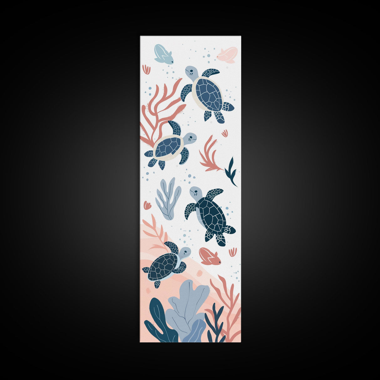 Swimming Sea Turtles with Coral, Tall Framed Canvas Print in Japanese Ukiyo-e Style Wall Art