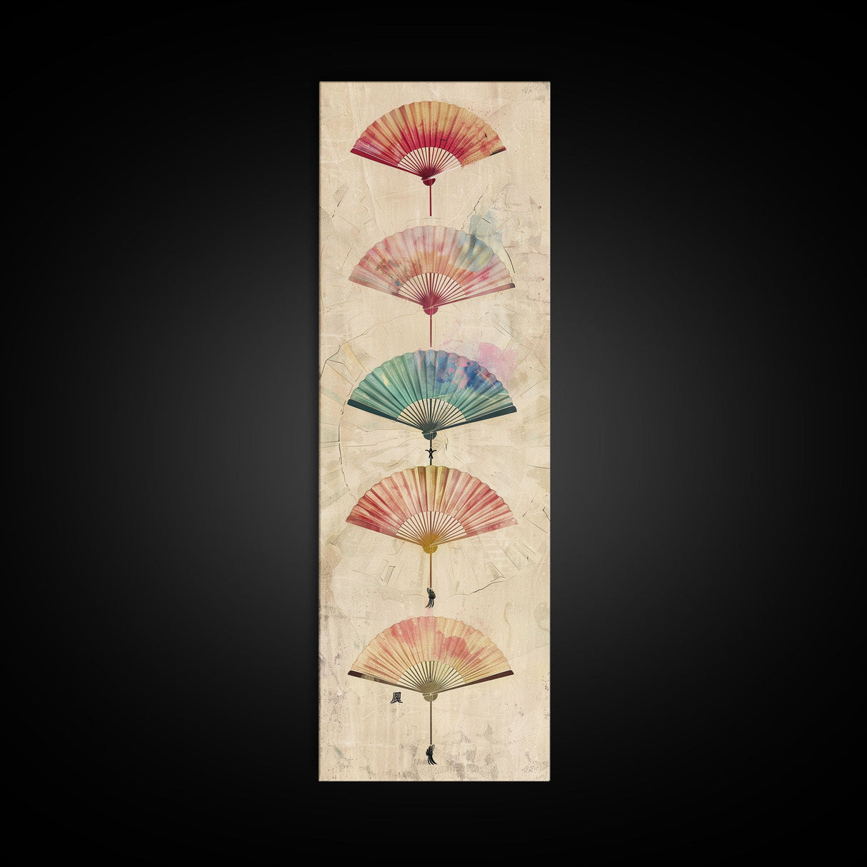 Japanese Folding Fans Cultural Art On Framed Canvas Print In Ukiyo-e Style Tall Skinny Traditional Wood Block Wall Decor