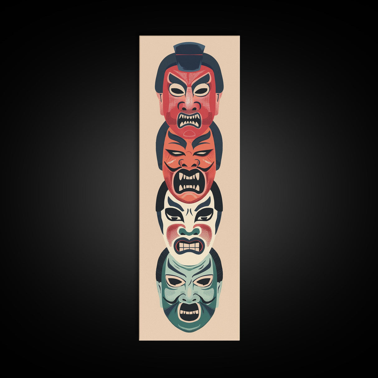 Bold Striking Japanese Kabuki Masks Vibrant Colors Depicted Traditional Style Tall Framed Canvas Print Cultural Home Decor