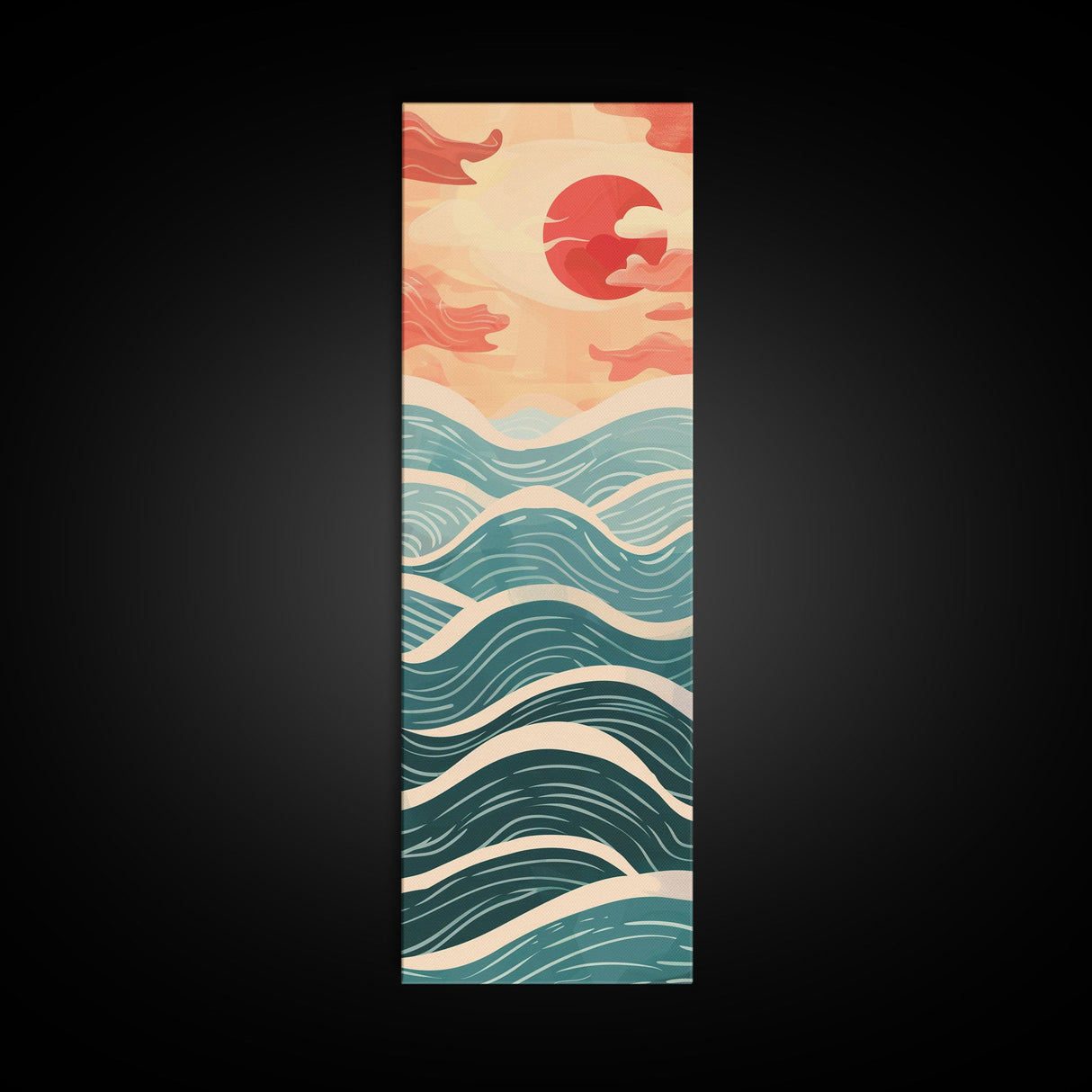 Ocean Waves and Red Sun Japanese Art Skinny Wall Art Framed Canvas Print in Minimalist Style with Dynamic Flowing Waves
