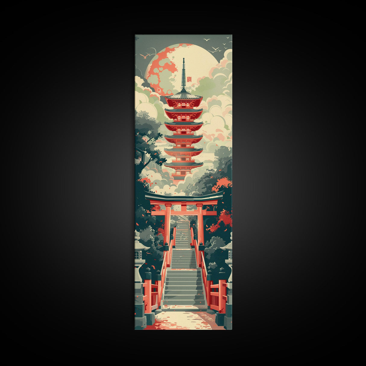 Japanese Style Art, Tall Art, Skinny Art, Pagoda Temple Wood Block Print Framed Canvas Print Ukiyo-e Art