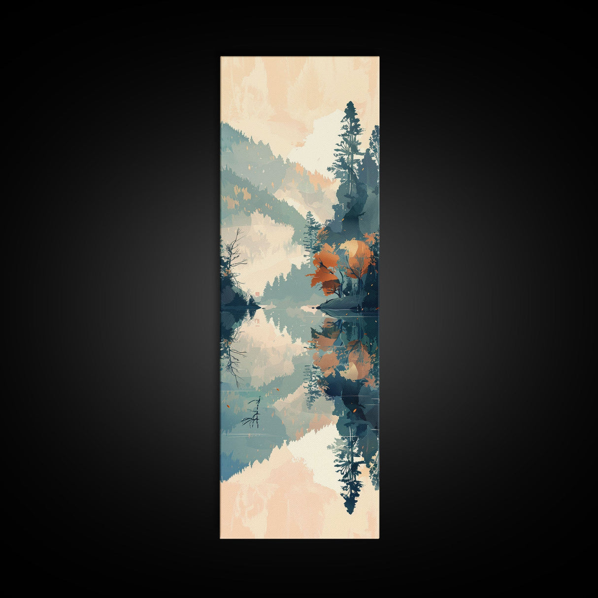 Ukiyo-e Art Depicting A Peaceful Lake Surrounded By Misty Mountains And Autumn Trees, Skinny Art, Tall Art, Framed Canvas Print, Japanese Style Art, Wood Block Print