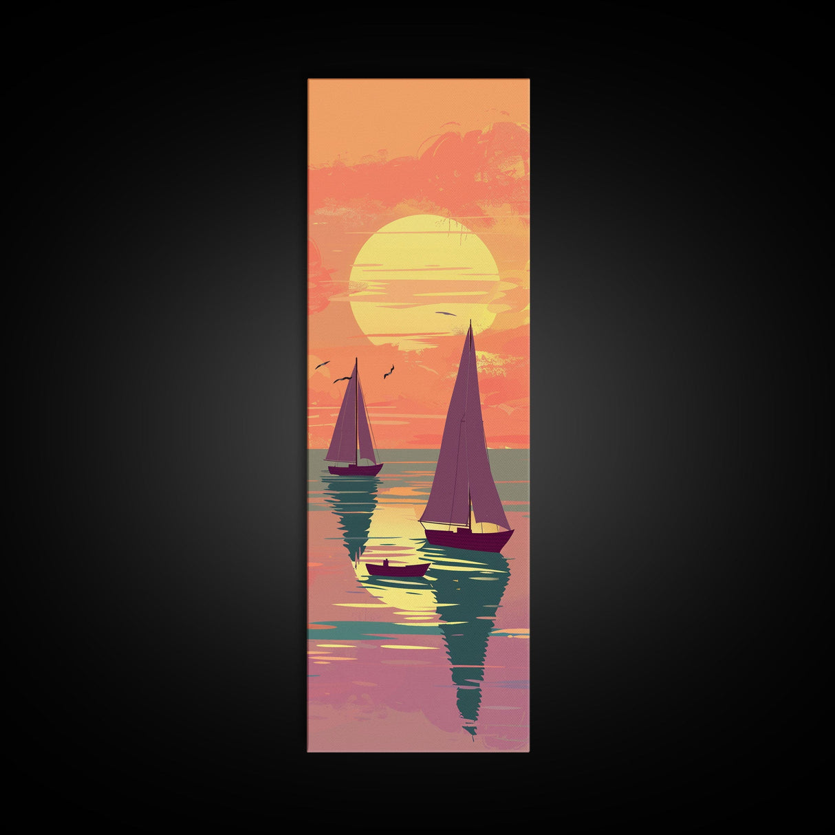 Sailing Boats In The Sunset Over Serene Waters In Japanese Style Ukiyo-e Art Framed Canvas Print Skinny Art Tall Art