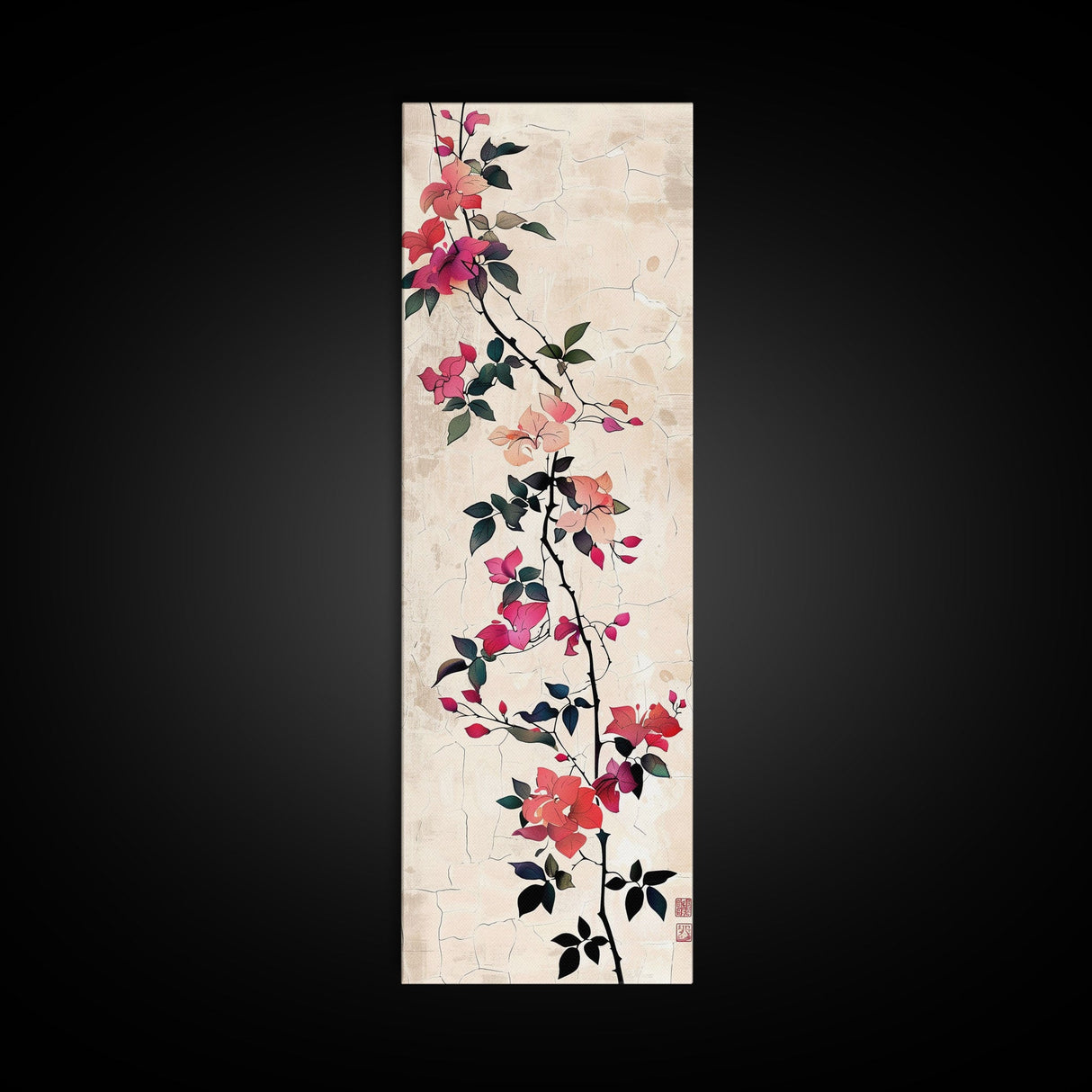 Pink Bougainvillea Vines On White Background Skinny Art Wood Block Print Japanese Style Art Framed Canvas Print Tall Art Ukiyo-e Art
