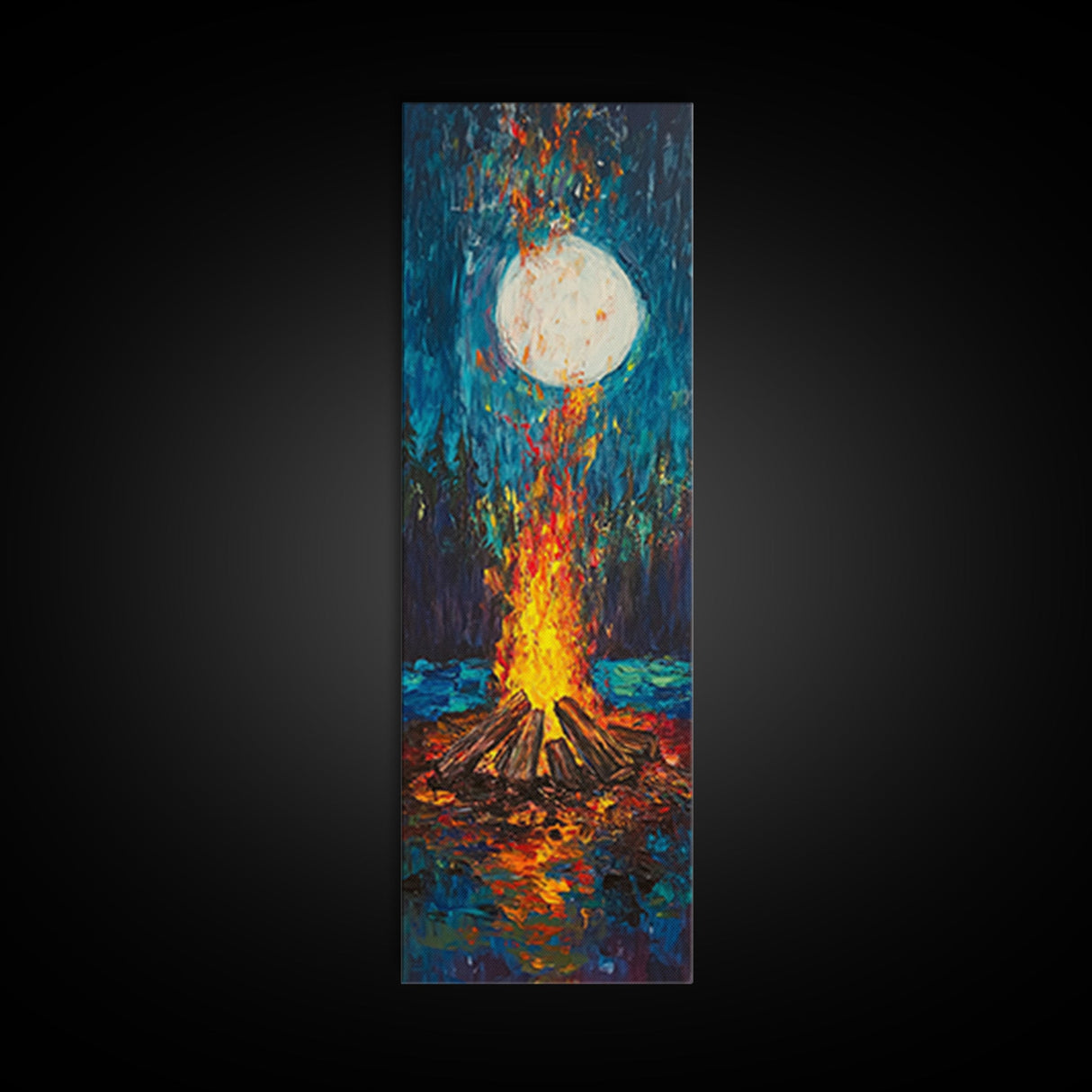 Moonlit Campfire Framed Canvas Print moody art mountain painting above couch art rustic wall art tall narrow art