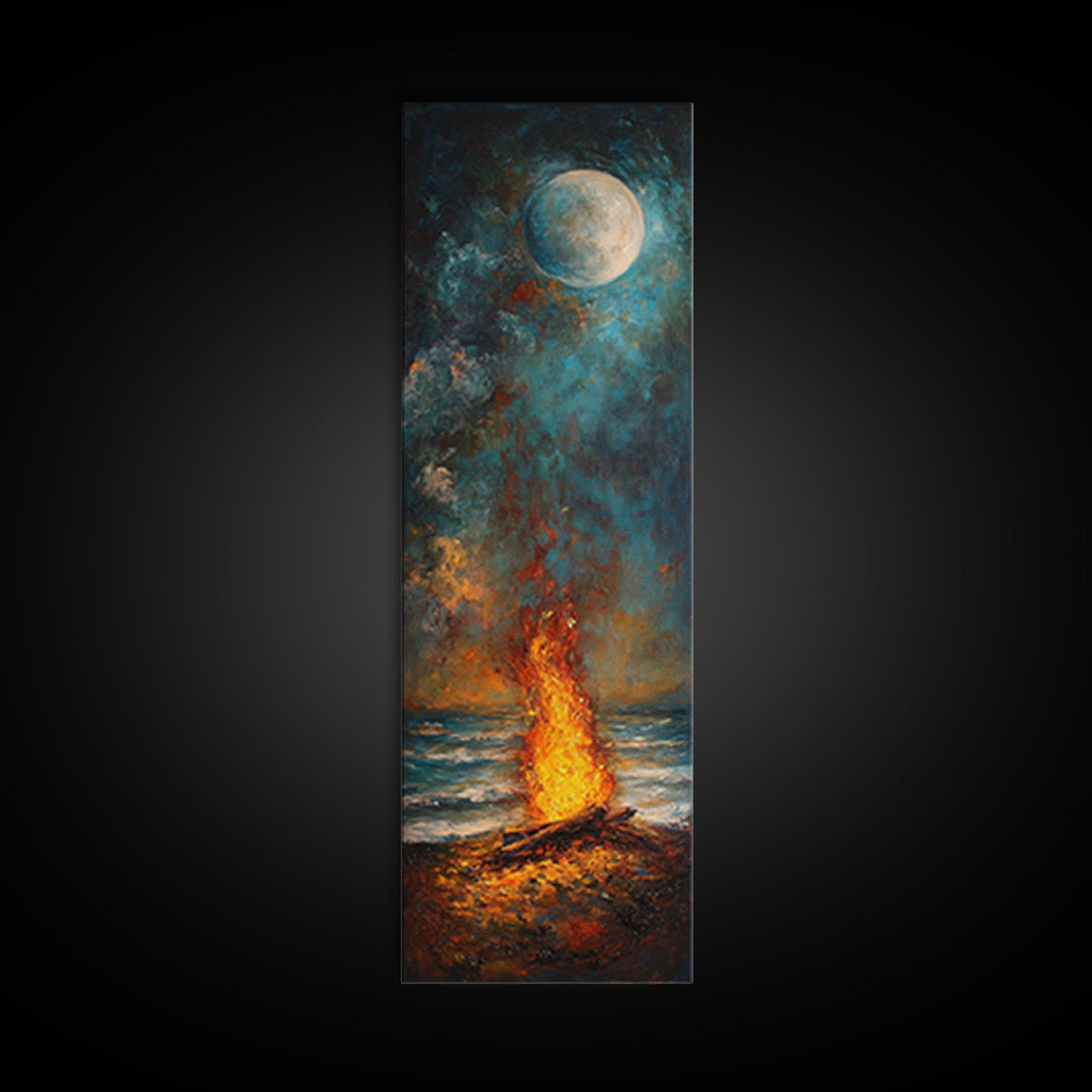 Moonlit Bonfire Canvas Print Rustic Wall Art Coastal Landscape Art Above Sofa Art Tall Narrow Art Nautical Decor Moody Art