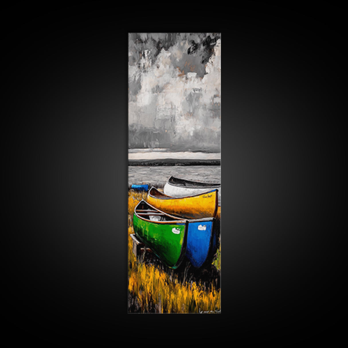 Abstract Canoe Painting Canvas Print Nautical Decor Rustic Wall Art Coastal Landscape Art Blue and Green Wall Art Tall Skinny Art
