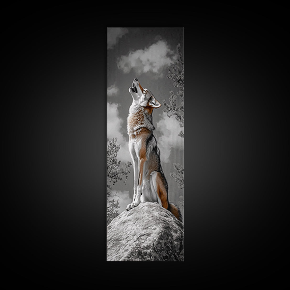 Howling Coyote on Rock Framed Canvas Print | Rustic Western Wall Art | Wildlife Painting | Moody Art | Farmhouse Decor | Gift Idea