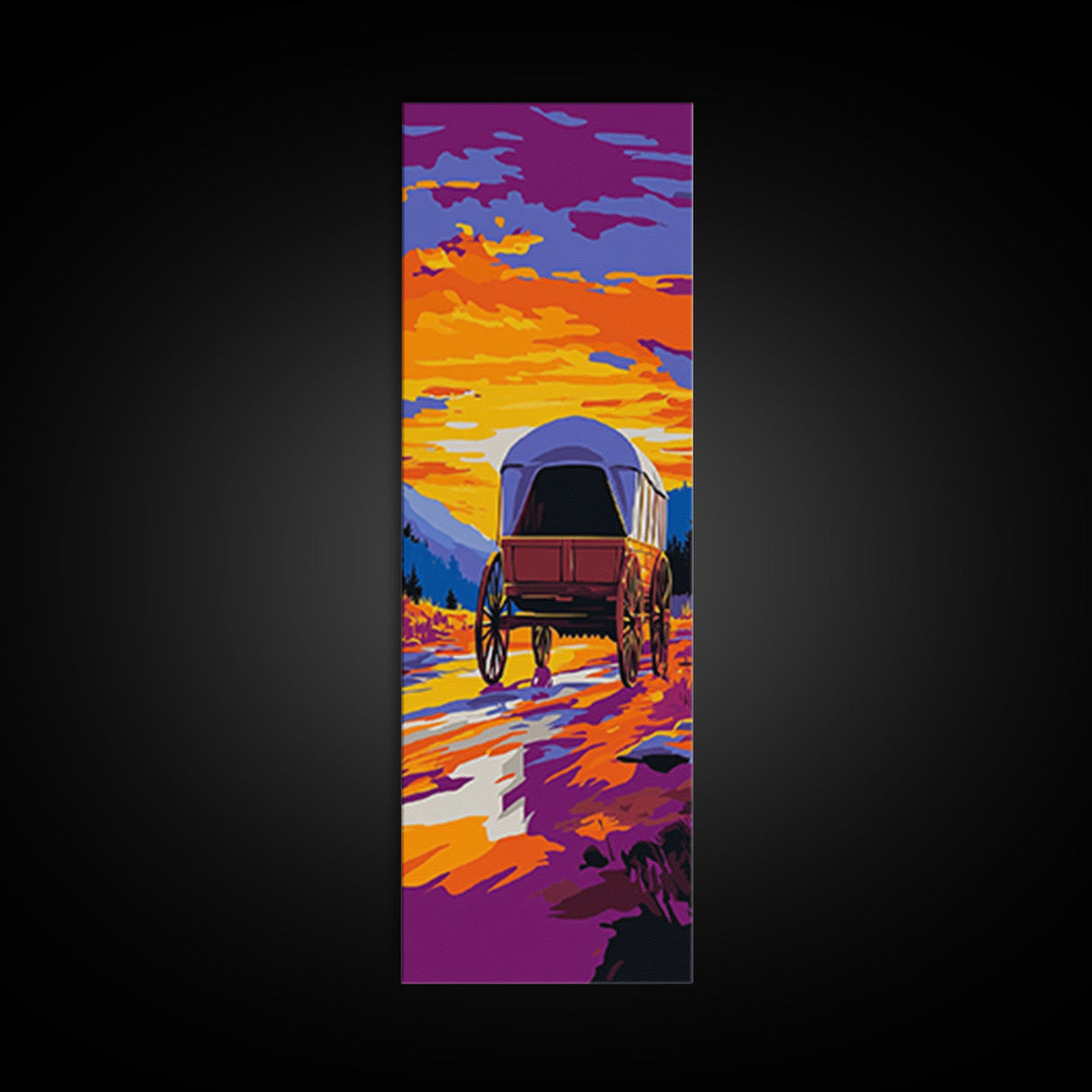 Sunset Wagon Landscape Framed Canvas Print, Rustic Wall Art, Moody Art, Southwest Wall Art, Above Couch Art, Tall Narrow Art