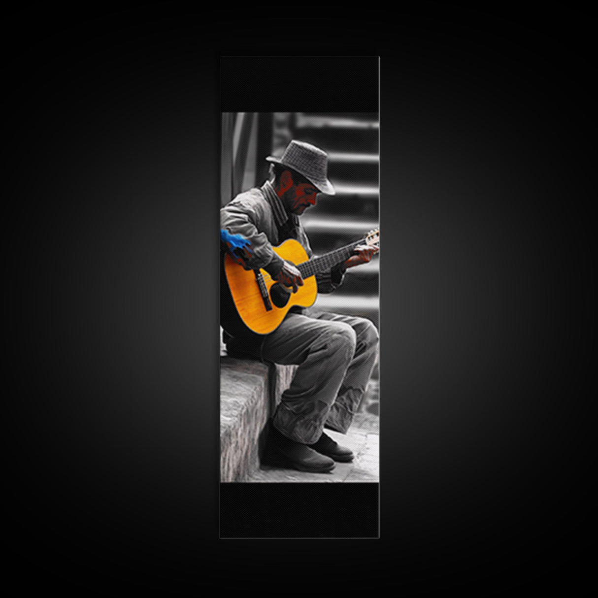 Street Musician with Guitar Framed Canvas Print | Moody Urban Wall Art | Rustic Decor | Music Art | Farmhouse Wall Art | Gift Idea