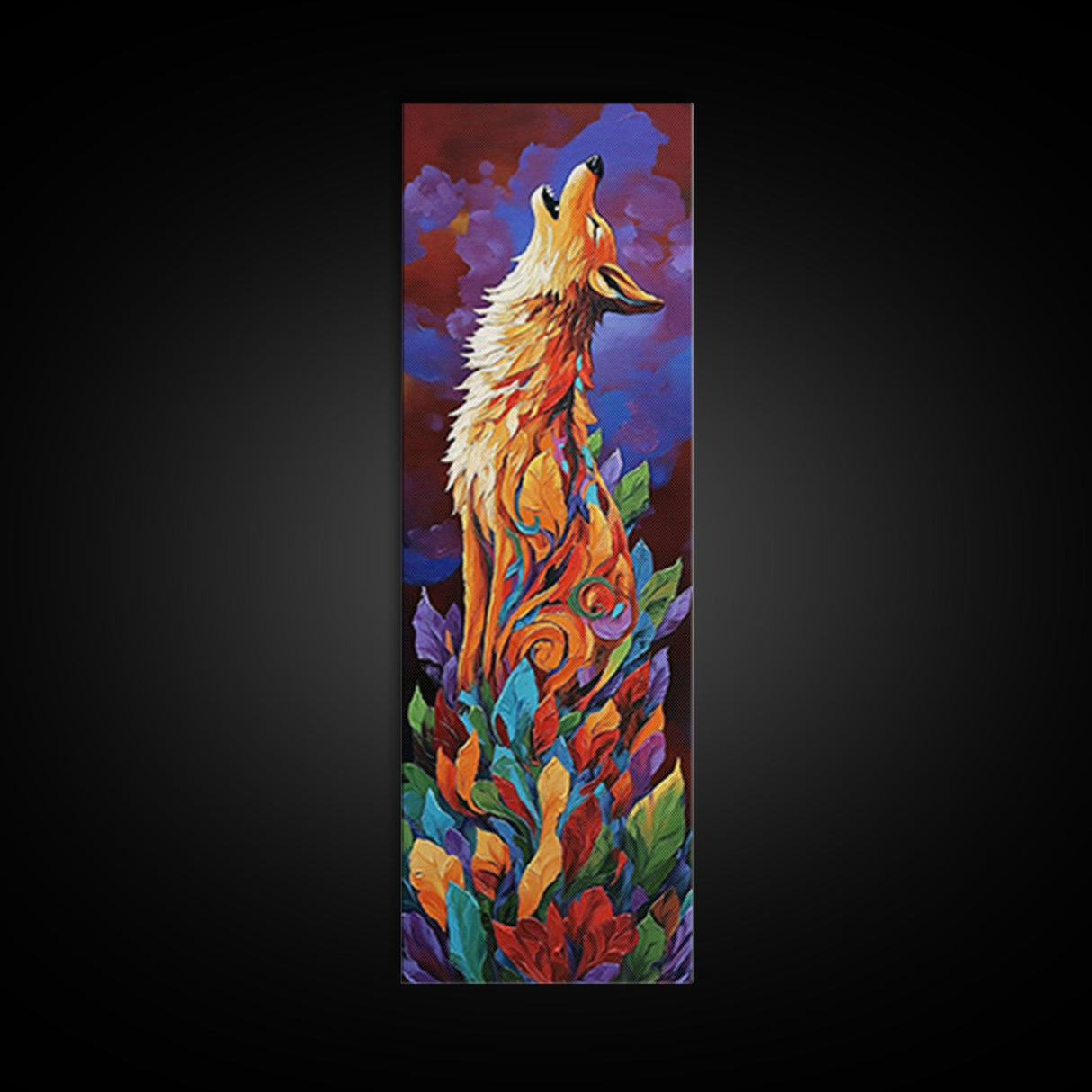 Colorful Howling Wolf Canvas Print rustic decor, long narrow wall art, wildlife painting, tall skinny art, moody art, animal wall art, whimsical art, southwest wall art, Joshua tree art