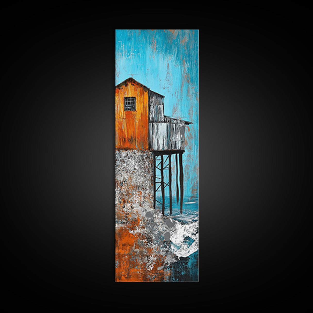 Rustic Stilt House Coastal Canvas Print Coastal Wall Art Nautical Painting Seascape Painting Blue And Green Wall Art Nautical Decor