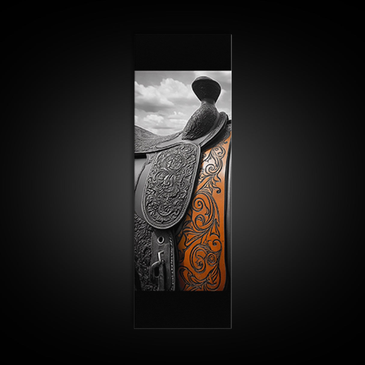 Leather Saddle Art, Framed Canvas Print, rustic wall art, cowboy painting, vintage horse art, farmhouse art, extra wide art, wabi sabi art