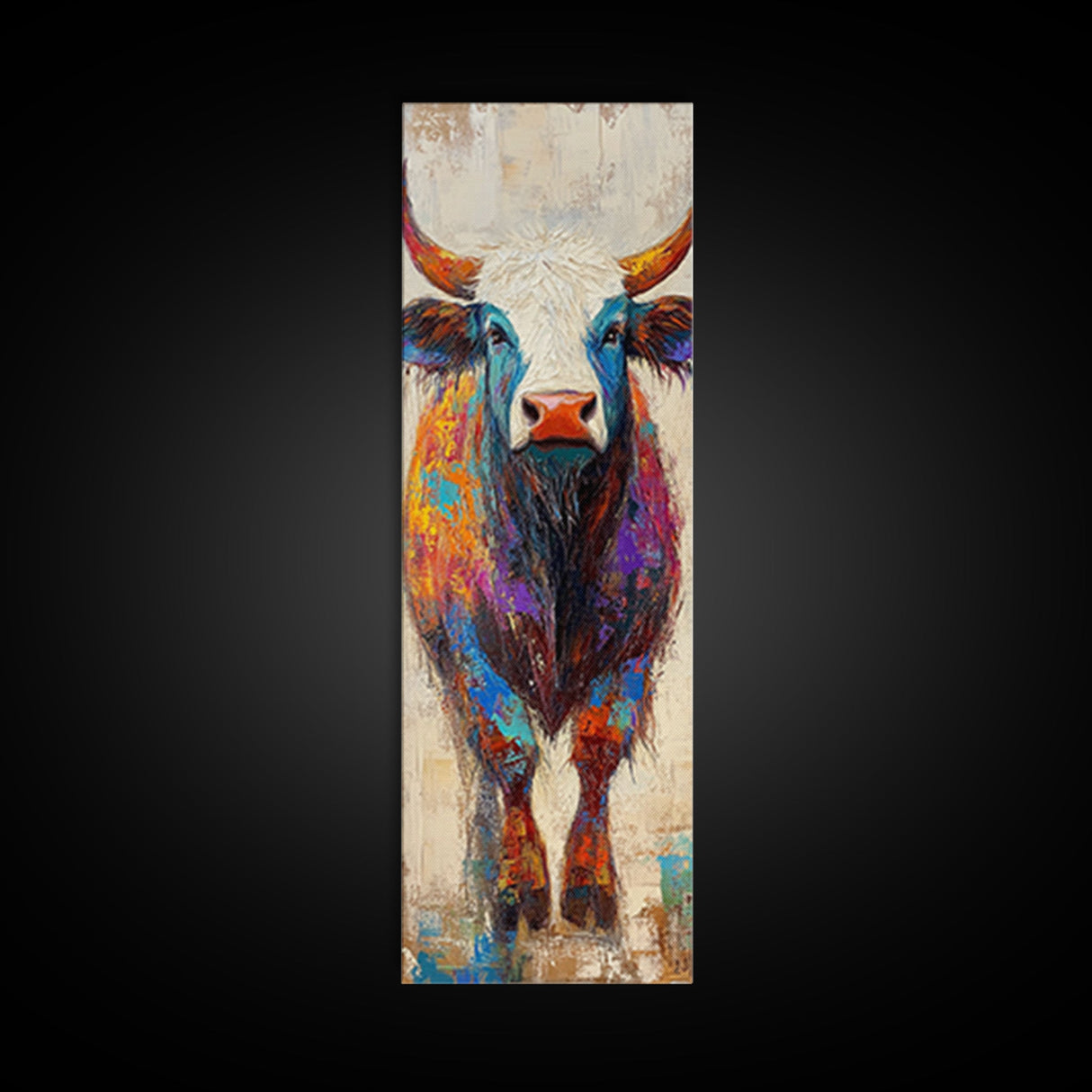 Colorful Bull Painting Canvas Print rustic wall art, barn landscape oil painting, farmhouse art, gift idea him, moody art decor