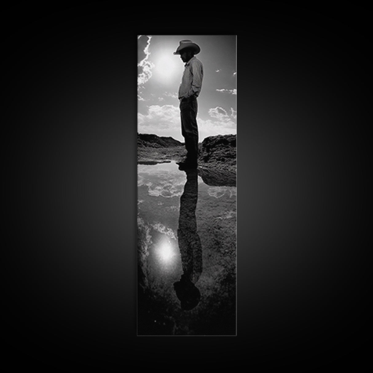 Lone Cowboy, Reflection Photography, Framed Canvas Print, Rustic Art, Moody Wall Art, Extra Wide Art, Southwest Wall Art