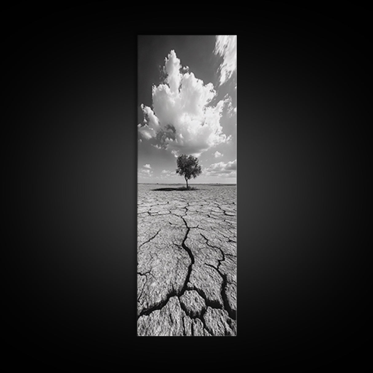 Lone Tree, Cracked Earth, Framed Canvas Print, wabi sabi art, moody art, landscape painting, above bed wall art,minimalist art, extra wide art