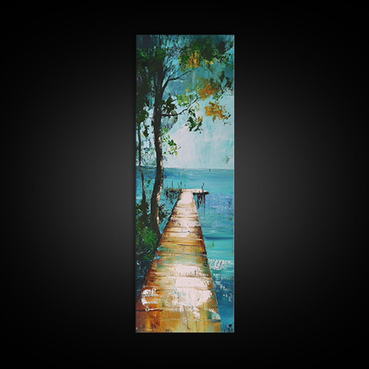 Tranquil Lake Dock Landscape Painting Framed Canvas Print | Coastal Landscape Art | Nautical Wall Art | Lake Tahoe Art | Ocean Decor
