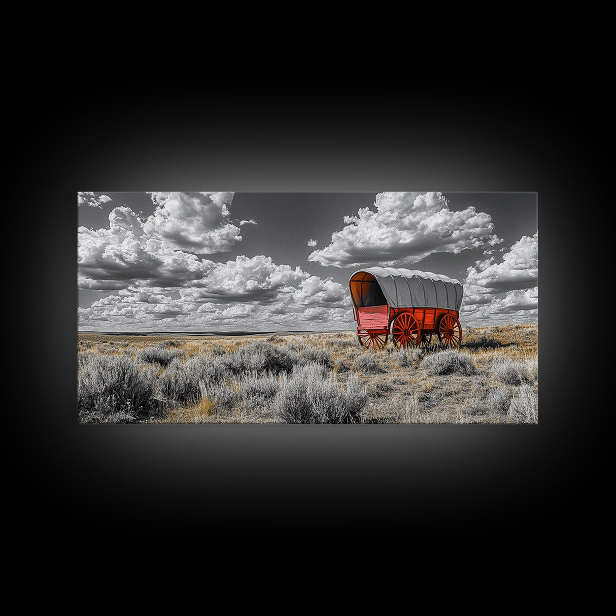 Red Covered Wagon Canvas Print | Rustic Farmhouse Art | Southwest Wall Art | Landscape Painting | Moody Art | Above Couch Art | Extra Wide Art