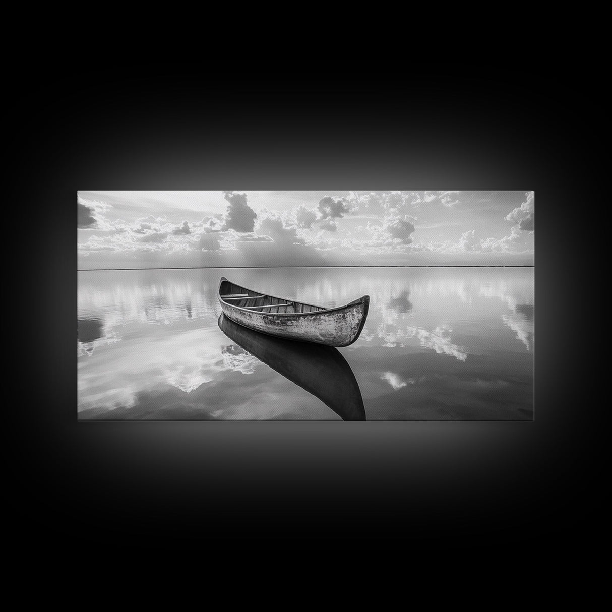 Tranquil Canoe Reflection, lake Tahoe art, nautical decor, seascape painting, coastal landscape art, panoramic painting, framed canvas print