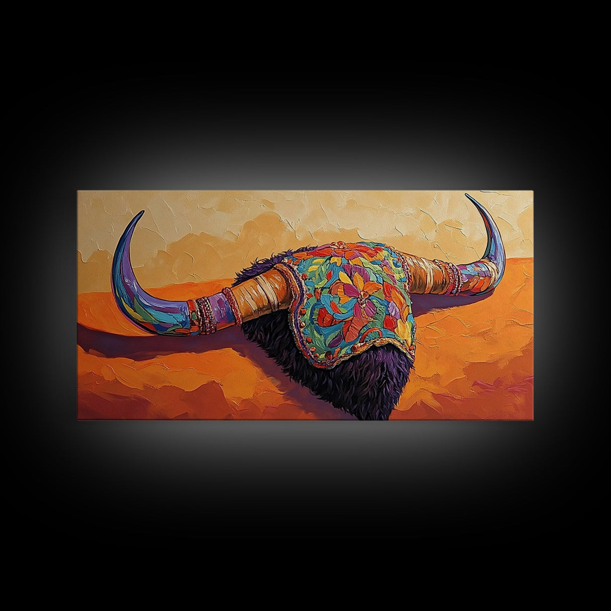 Vibrant Bull Skull, southwest wall art, rustic decor, boho art, moody art, unique gift idea, bright bold painting, framed canvas print
