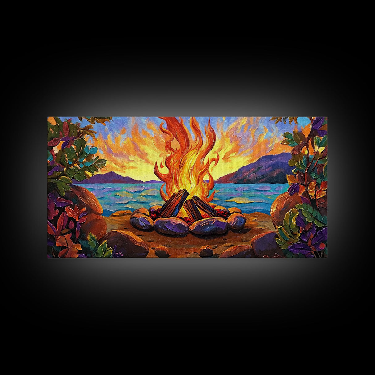 Campfire by Lake, bonfire painting, rustic wall art, mountain painting, framed canvas print, above sofa art, cozy night decor
