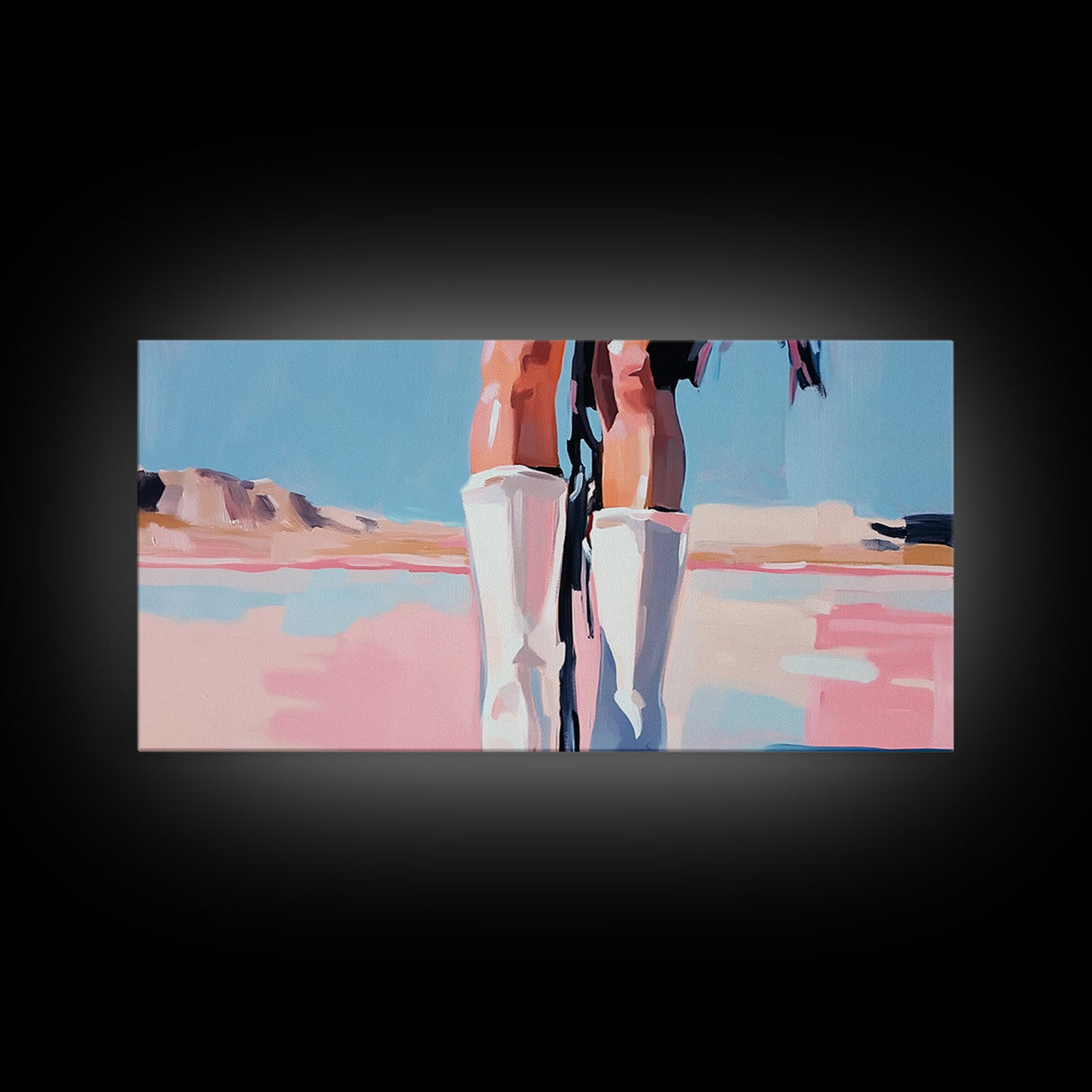 White Boots Painting, Southwest Wall Art, Country Western Aesthetic, Pink and Blue Art, Framed Canvas Print, Rustic Decor, Extra Wide Art