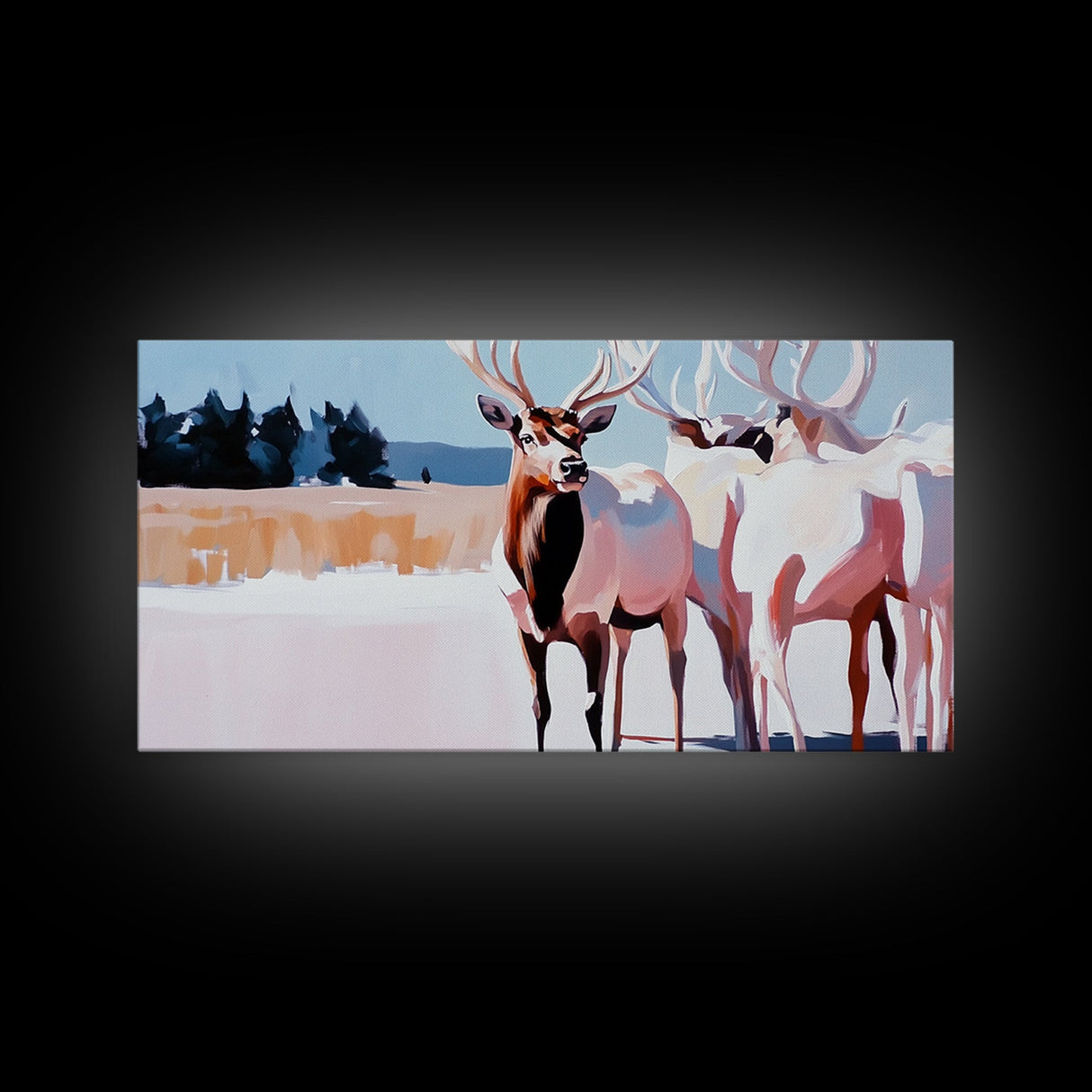 Elk in Snow, deer drinking water in forest painting, wildlife art, moody painting, rustic decor, landscape painting, canvas print