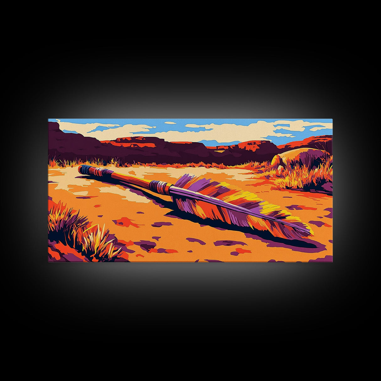 Fallen Arrow, rustic wall art, cowboy painting, southwest wall art, desert landscape, panoramic art, Framed Canvas Print, farmhouse decor, bold