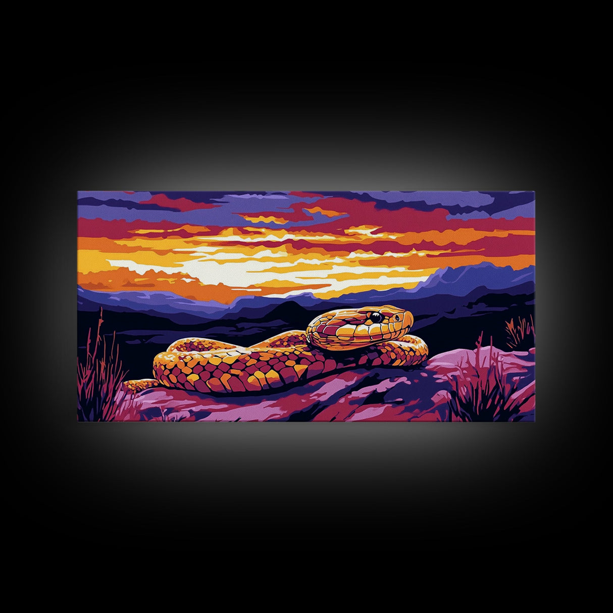 Rattlesnake Sunset, wildlife painting, southwest wall art, mountain painting, rustic decor, panoramic art, Framed Canvas Print, farmhouse art