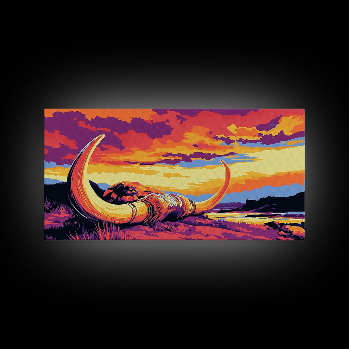 Longhorn, skull, desert scene, rustic cow skull, western wall art, fall decor, extra wide art, cowboy aesthetic, framed canvas print