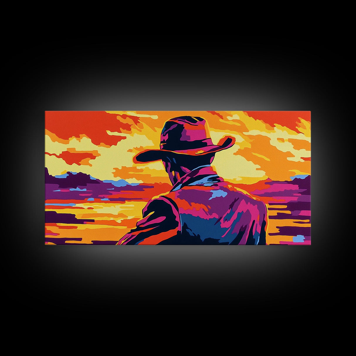 Cowboy, western silhouette, sunset art, ranch aesthetic, moody wall art, bold colors, extra wide art, rustic decor, framed canvas print