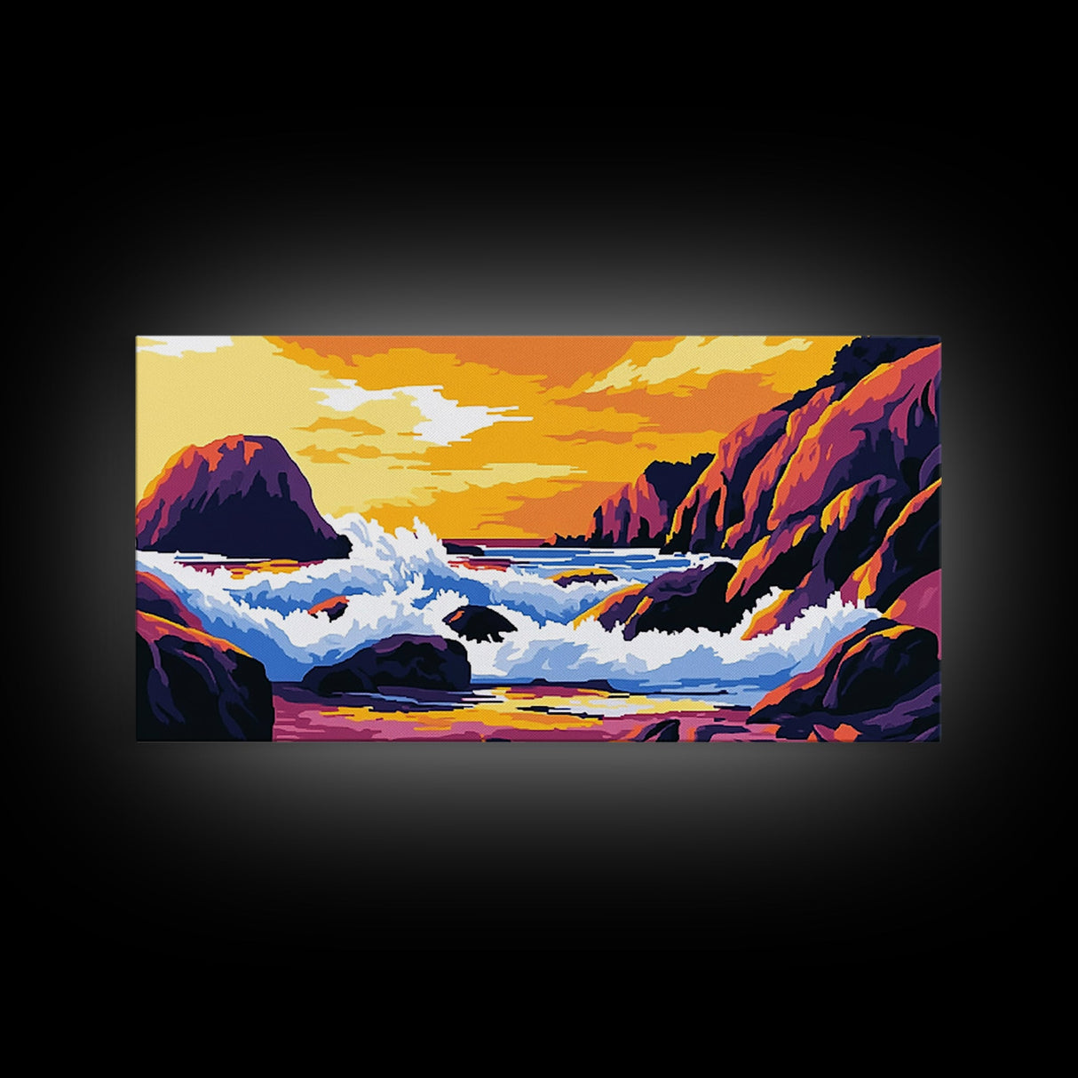 Ocean waves, coastal decor, rocky seascape, beach sunset, nautical wall art, panoramic art, coastal painting, framed canvas print