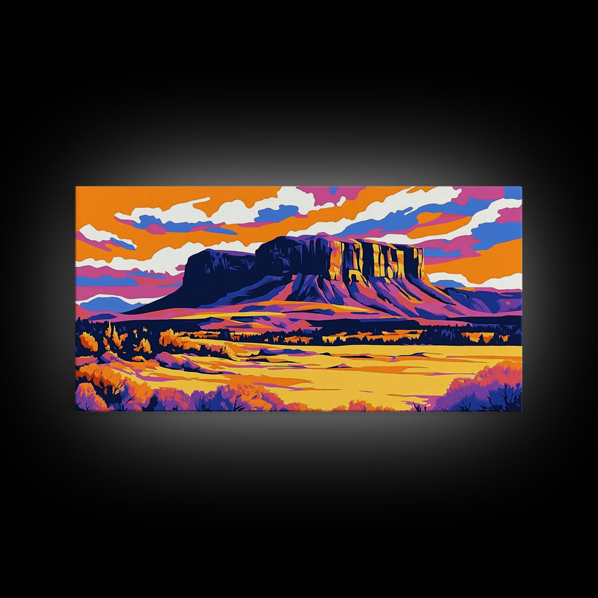 Mesa, desert sunset, southwest decor, extra wide wall art, western landscape painting, panoramic painting, framed canvas print