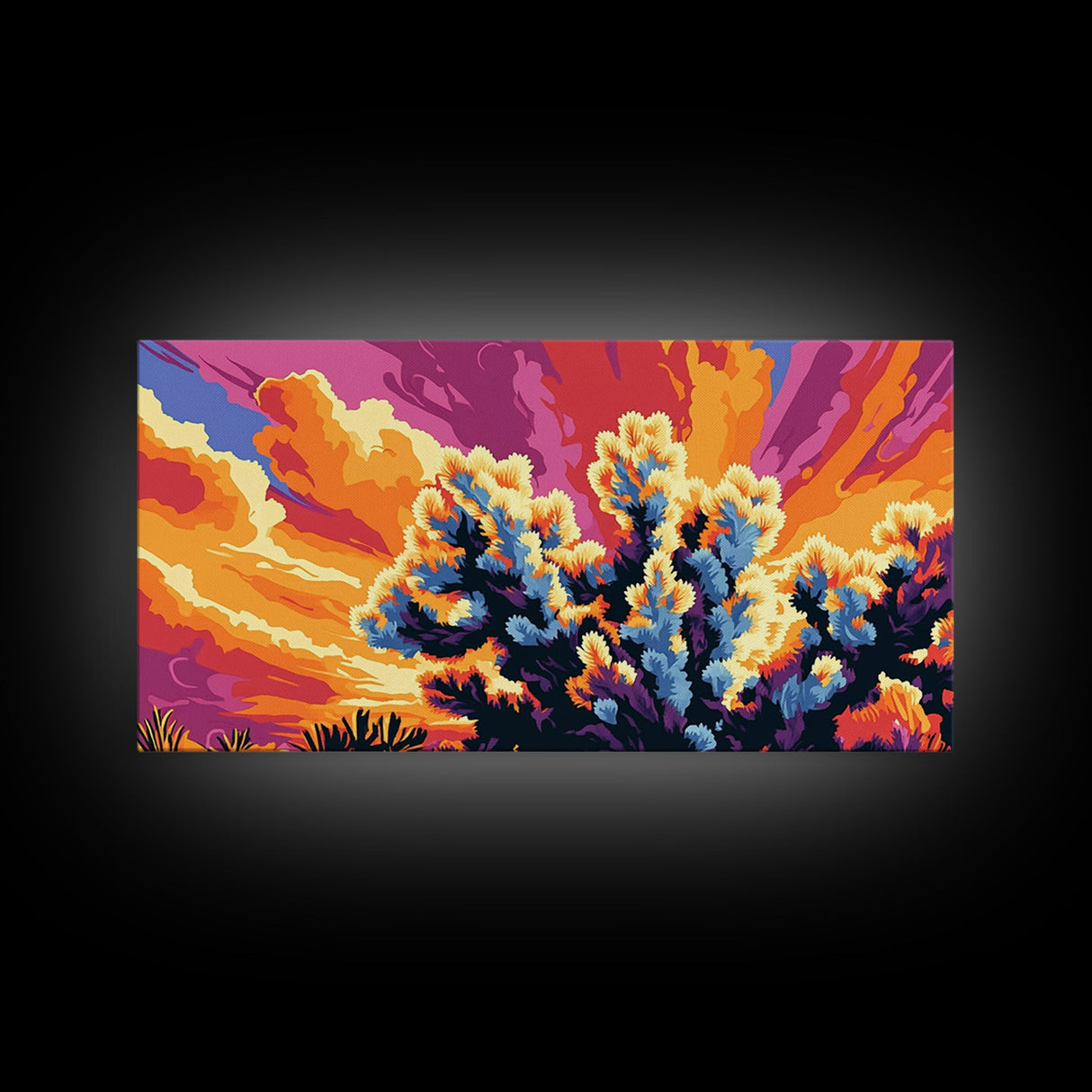 Joshua Tree, desert landscape, sunset art, boho decor, southwest wall art, extra wide art, framed canvas print, panoramic painting