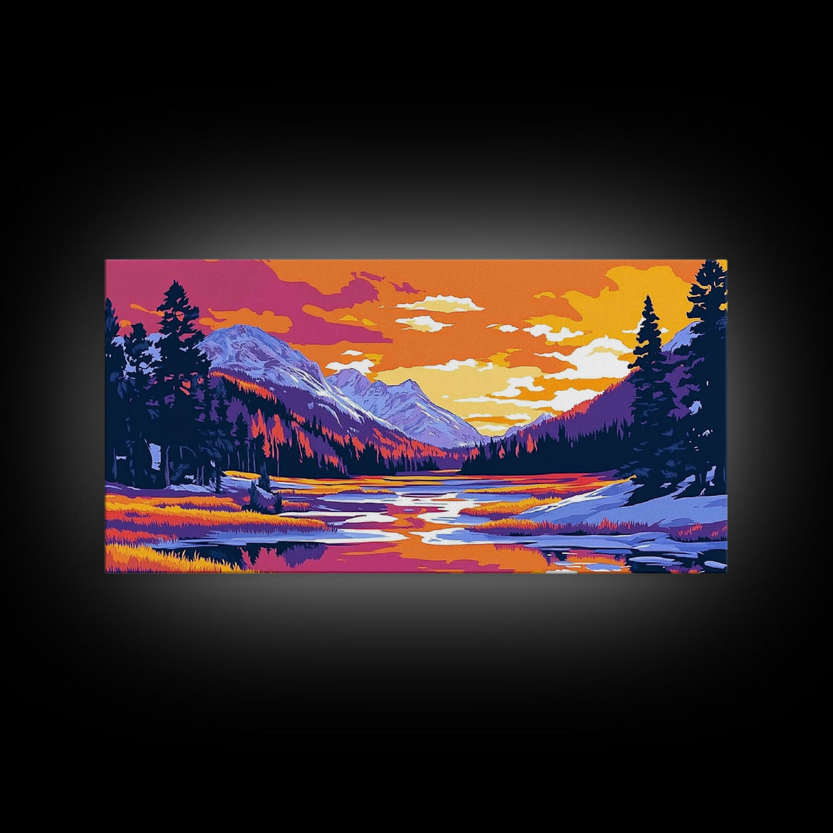 Lake Tahoe Art, mountain painting, scenic sunset print, southwest wall art, panoramic art, extra wide art, framed canvas print