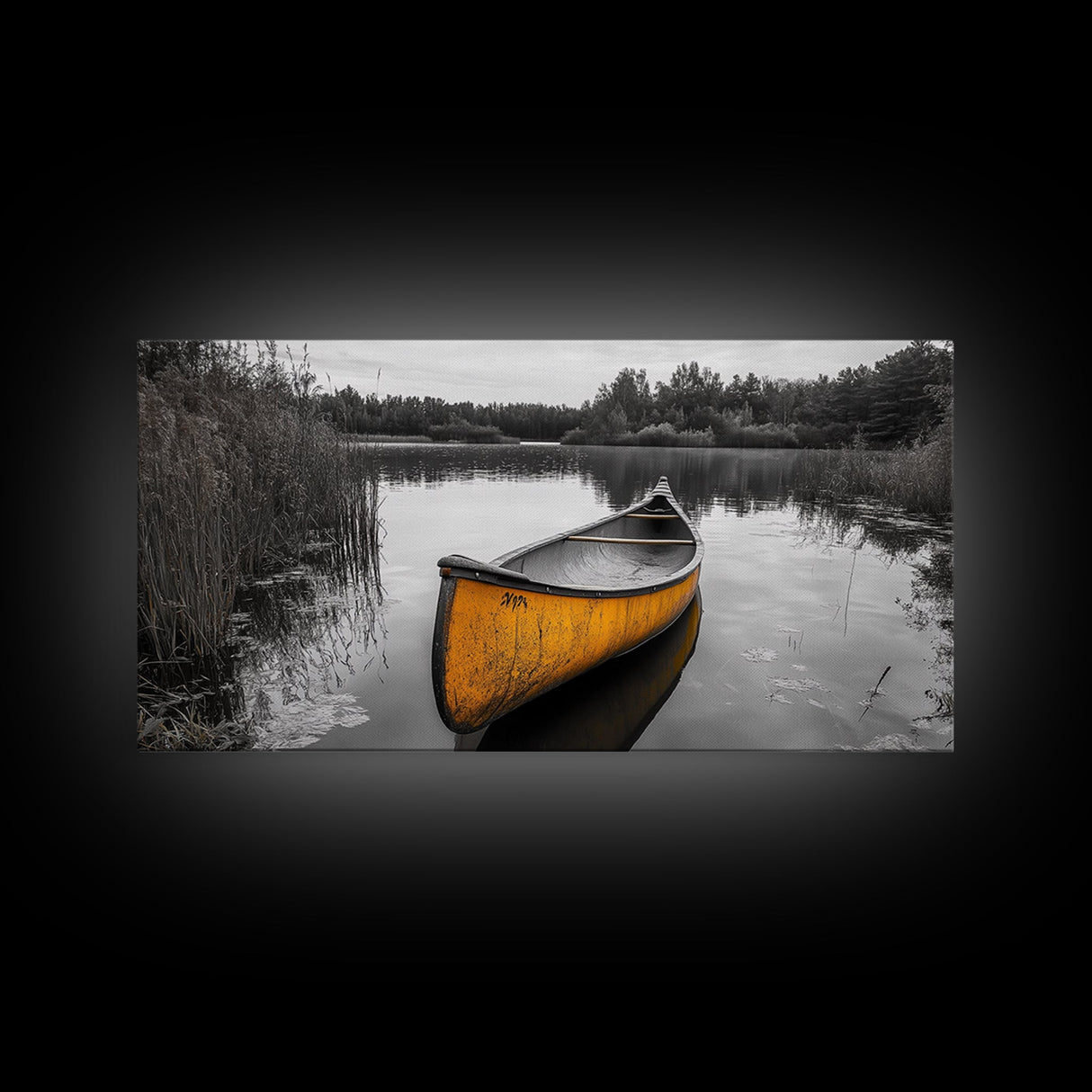 Rustic Canoe on Lake, coastal landscape art, lake Tahoe art, wabi sabi wall art, extra wide art, nautical decor, rustic art, Framed Canvas Print