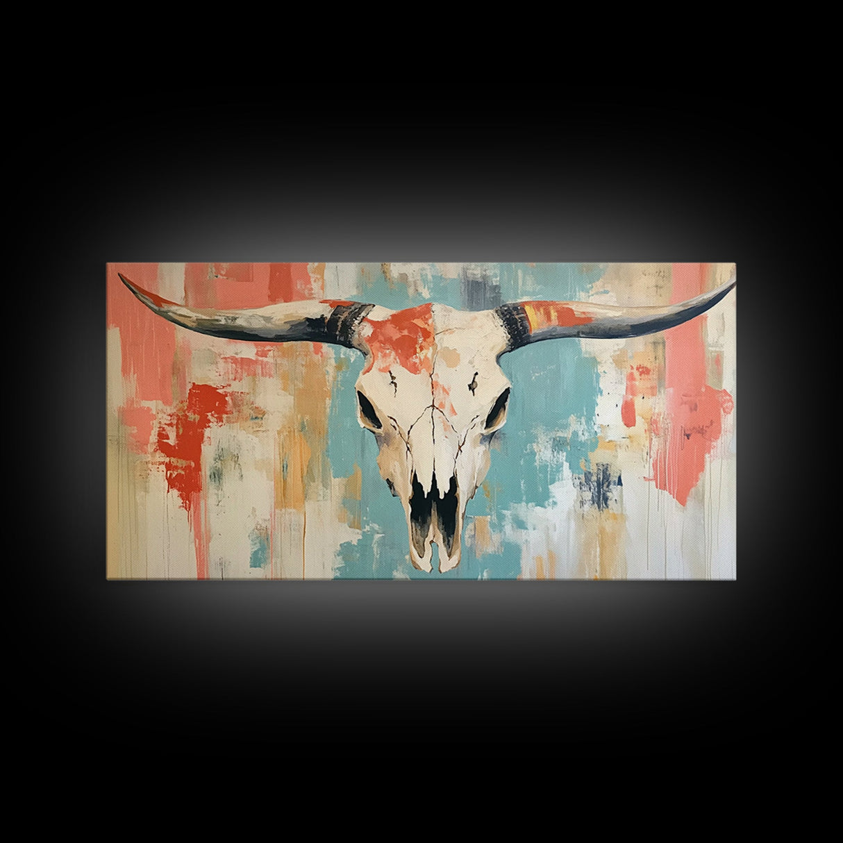 Longhorn Skull Art, southwest wall art, boho art, rustic decor, skull art, extra wide art, wabi sabi art, framed canvas print, farmhouse art