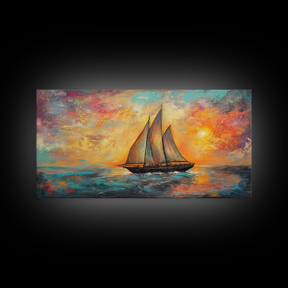Sailboat at Sunset, nautical painting, coastal decor, seascape painting, beach house art, extra wide art, oil painting, canvas print