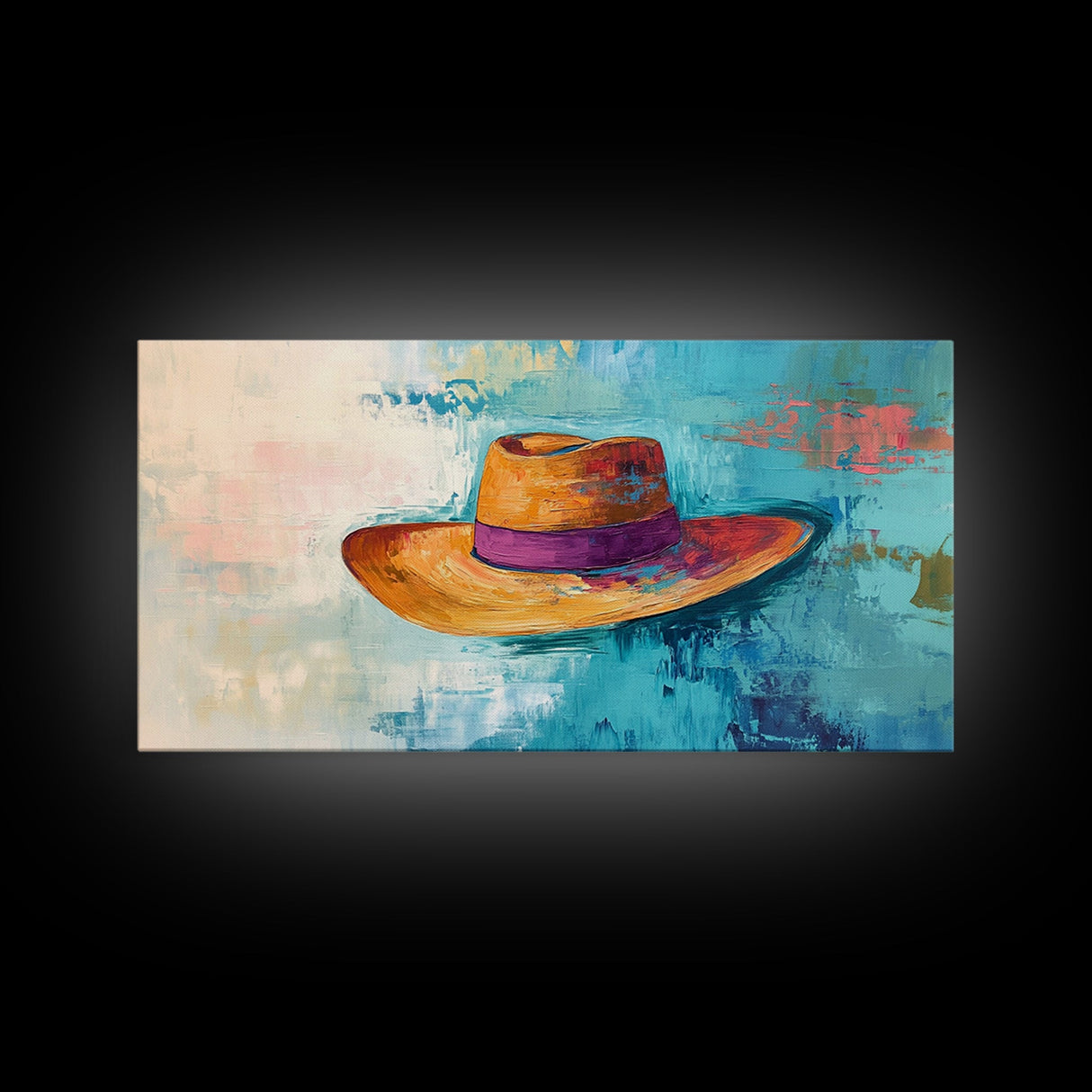 Western Hat, Boho Art, Rustic Wall Art, Southwest Art, Moody Painting, Extra Wide Art, Minimalist Art, Framed Canvas Print